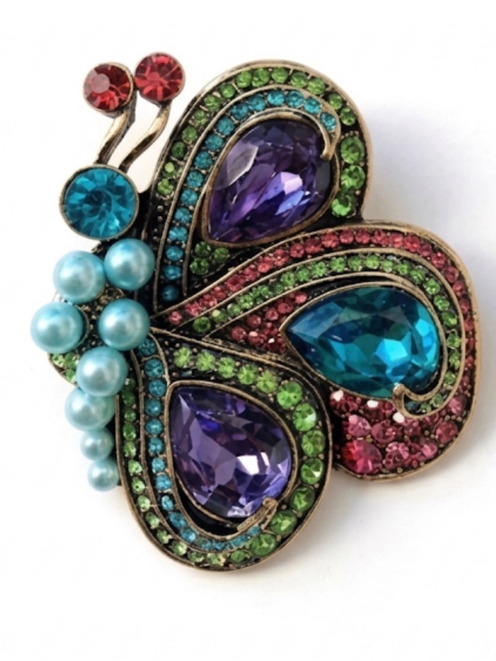 Butterfly Brooch Pin Multicolor Rhinestone Crystal Faux Pearl Vintage Style New - Picture 2 of 8